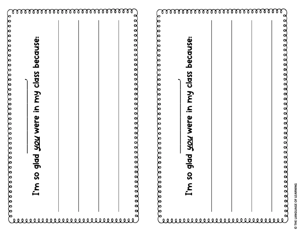 Two half-page notes with a name blank and "I'm so glad you were in my class because:" for writing several sentences