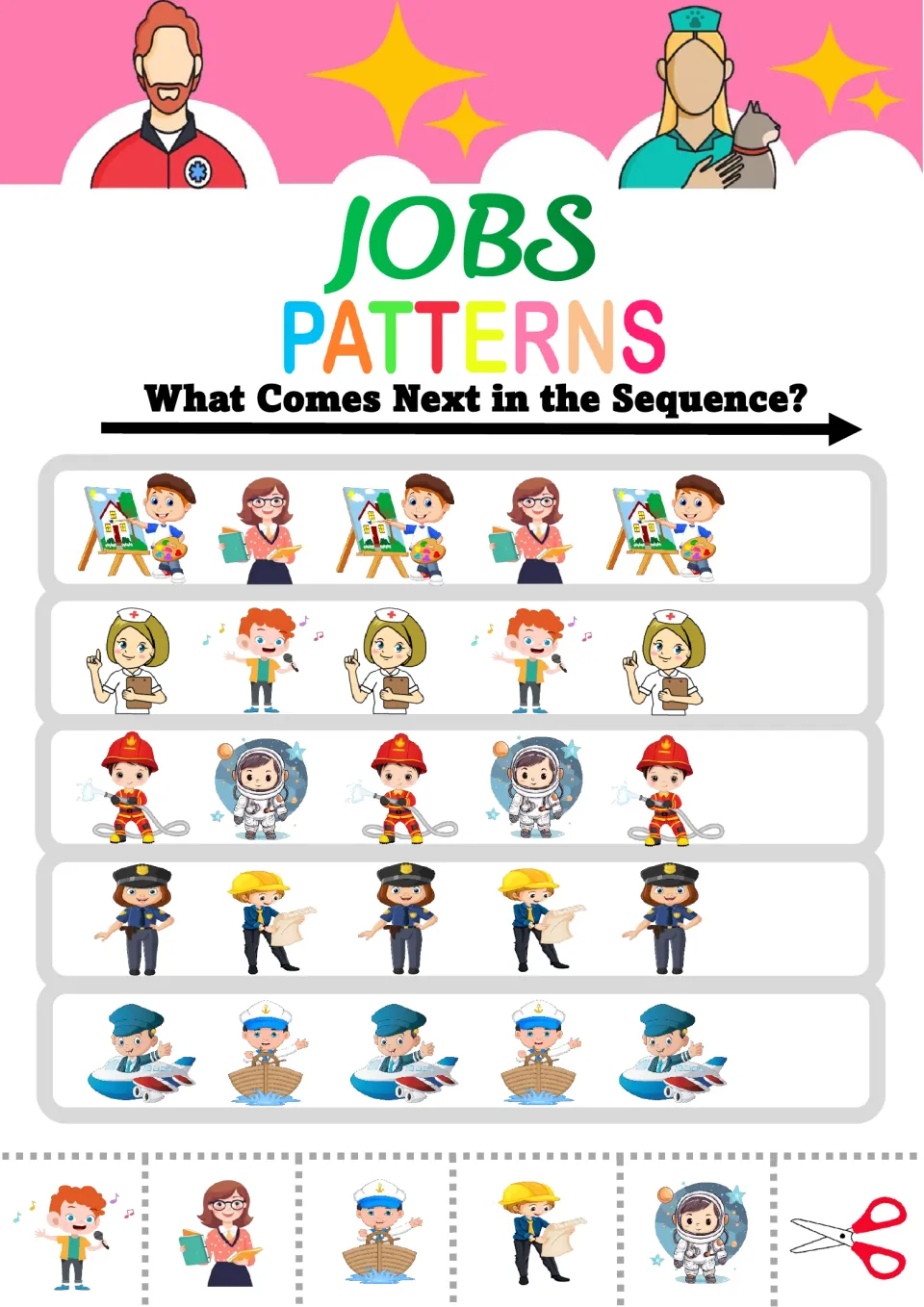 Jobs AB patterns: students cut out the next picture for rows like painter-teacher, nurse-singer and police-engineer