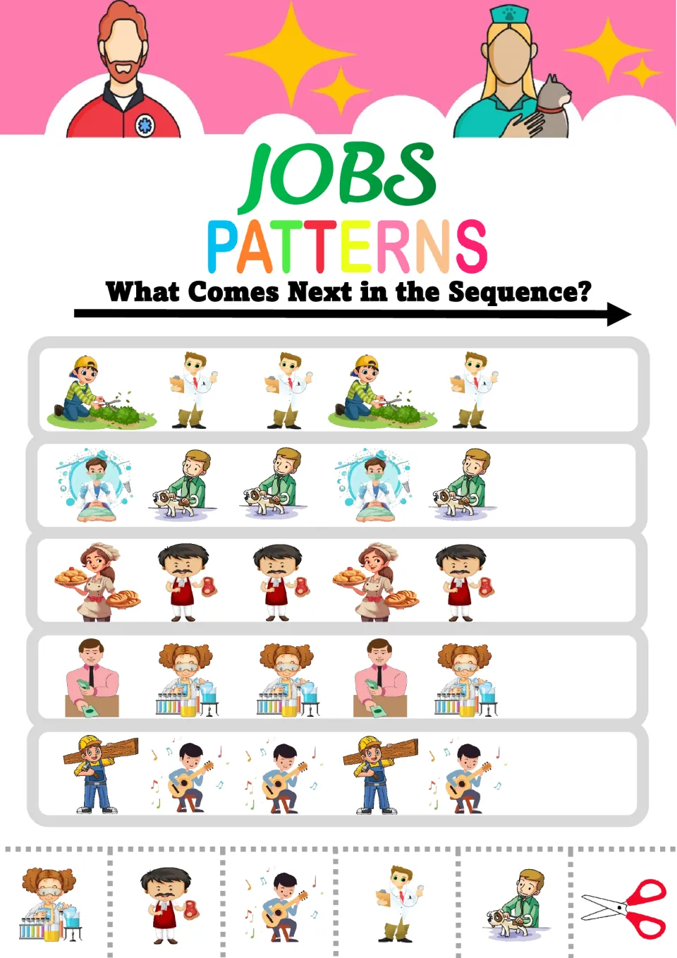 Jobs ABB patterns: students pick the next helper in rows like gardener-doctor-doctor and baker-butcher-butcher