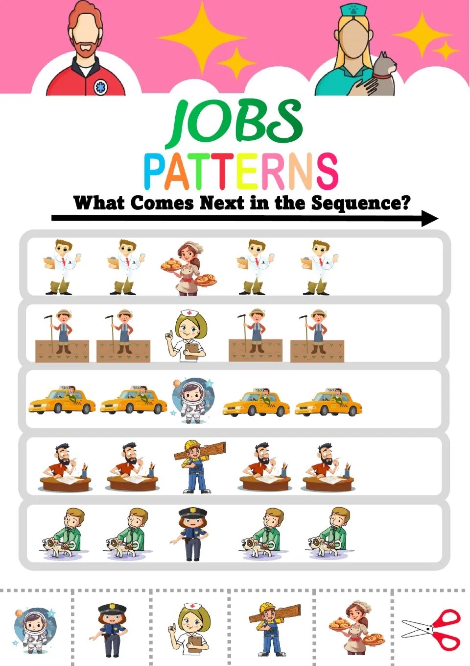 Jobs AAB patterns: students glue the next helper after rows like doctor-doctor-baker and taxi-taxi-astronaut
