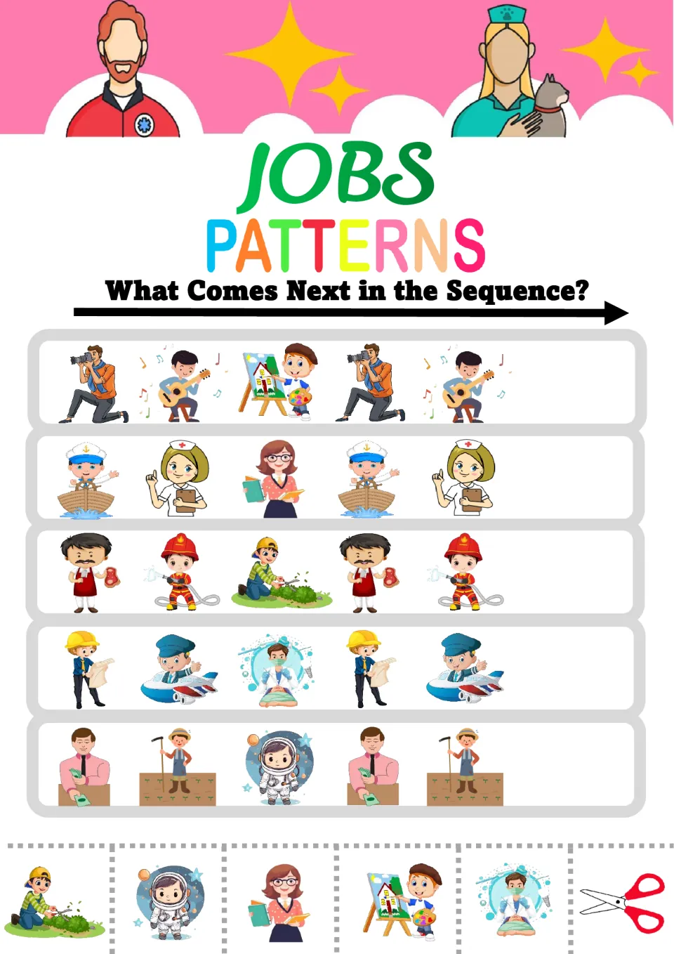 Jobs ABC patterns: students extend rows like photographer-guitarist-painter and sailor-nurse-teacher with a cut-out