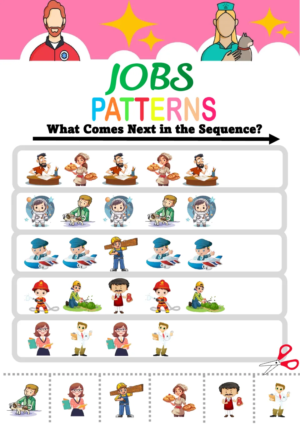 Mixed job patterns: students finish AB, AAB and ABC rows with writer, baker, pilot, builder, firefighter and gardener