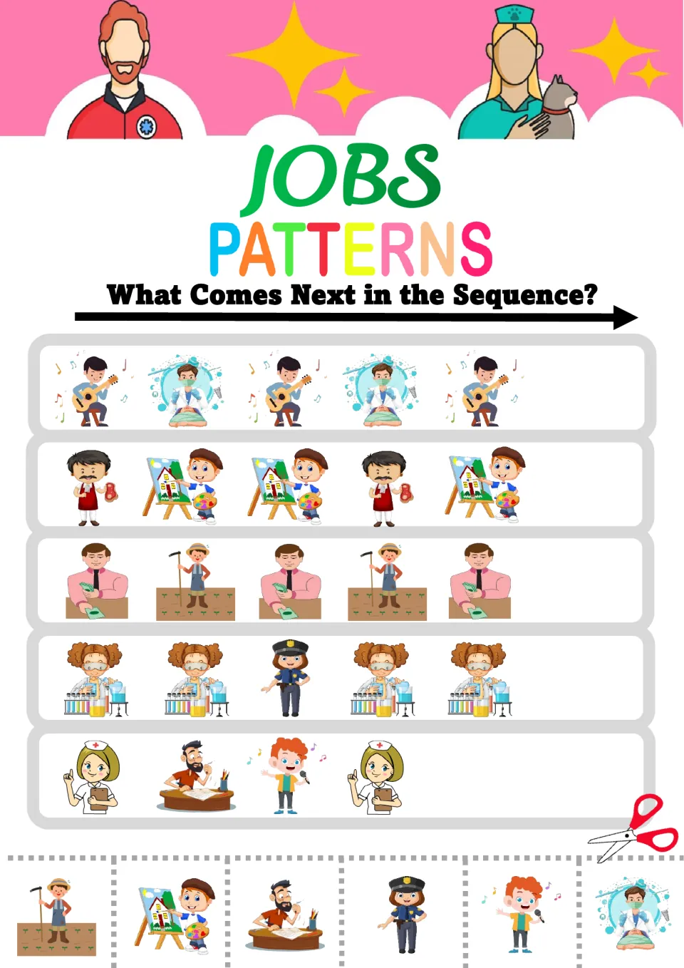 Mixed job patterns: students continue rows of guitarist-dentist, butcher-painter, cashier-farmer and scientist-police
