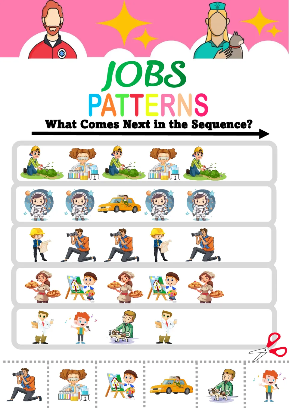 Mixed job patterns: students glue what comes next for gardener-scientist, astronaut-taxi and engineer-photographer rows