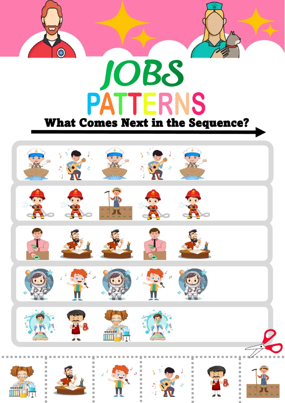 Mixed job patterns: students extend sailor-guitarist, firefighter-farmer, cashier-writer and dentist-butcher-scientist rows