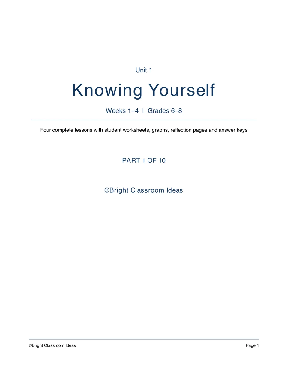 Unit 1 Knowing Yourself title page, Weeks 1–4: four lessons with student worksheets, graphs, reflections and answer keys