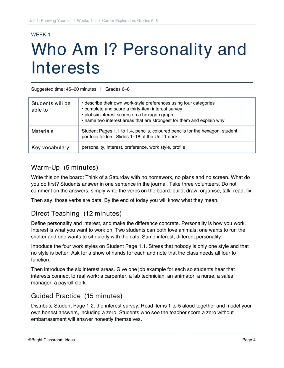 Week 1 lesson plan, Who Am I? Personality and Interests: objectives, materials, warm-up, direct teaching and survey modeling