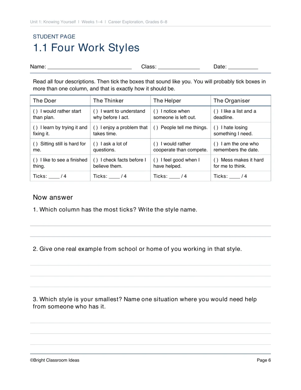 Four Work Styles: students tick statements under Doer, Thinker, Helper and Organiser, then name their top and smallest style
