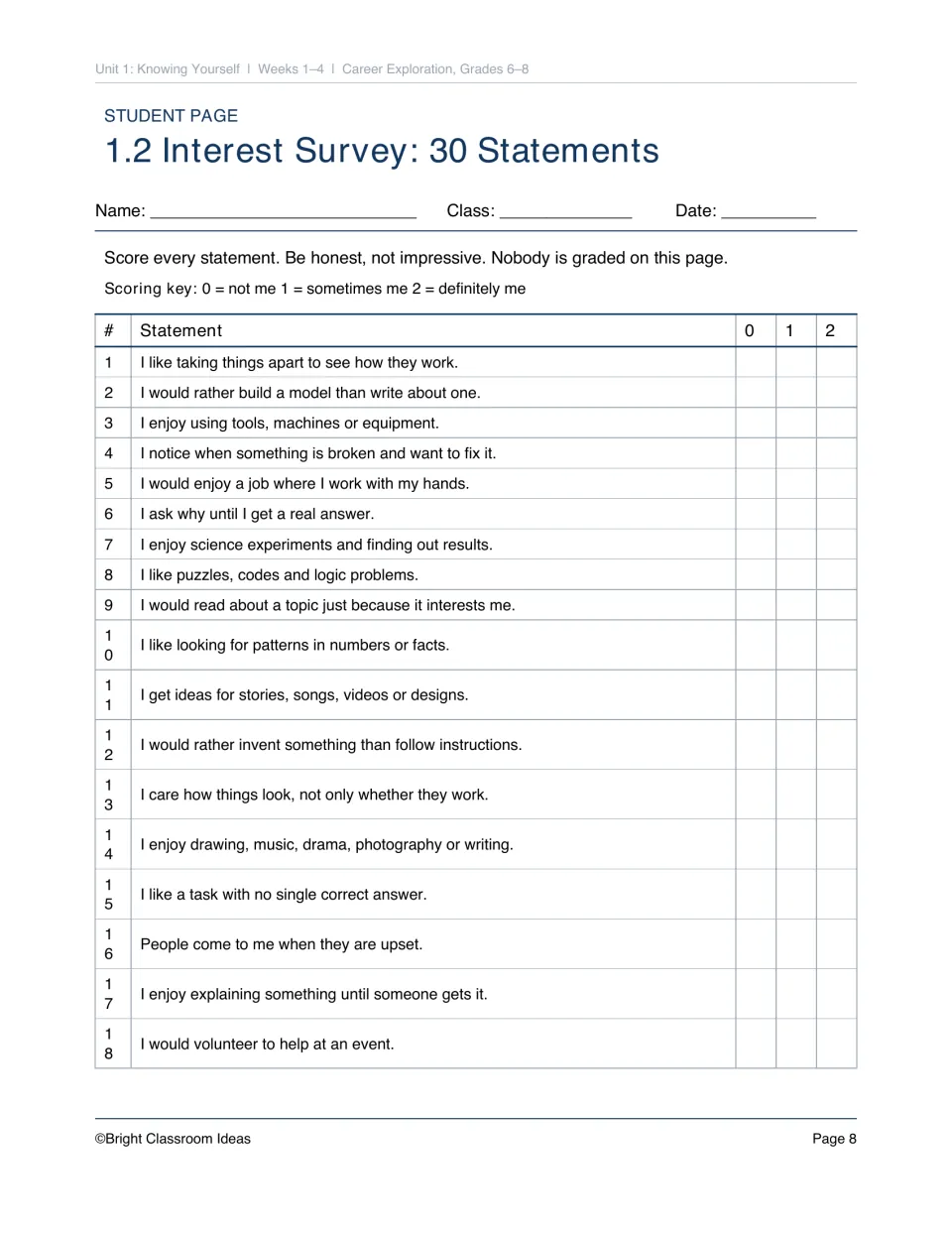 Interest Survey items 1–18: students score each statement 0, 1 or 2 on hands-on, science, creative and helping interests