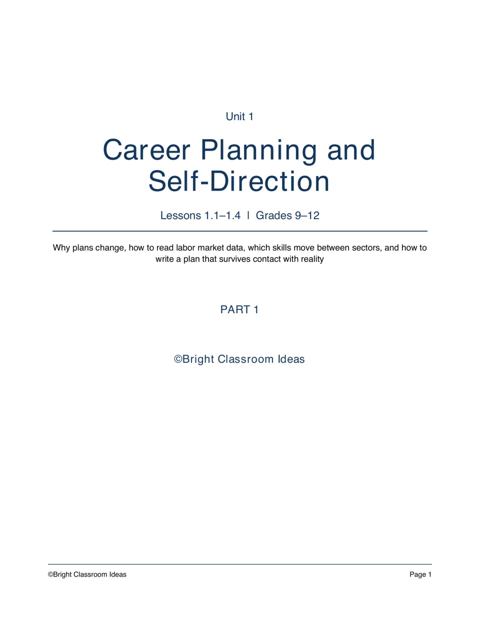 Unit 1 cover: Career Planning and Self-Direction, Part 1, covering lessons 1.1–1.4 for grades 9–12