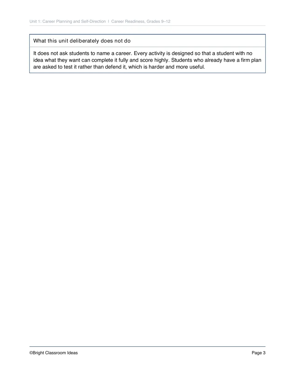 Unit 1 guidance explains that students need no chosen career and asks those with firm plans to test them