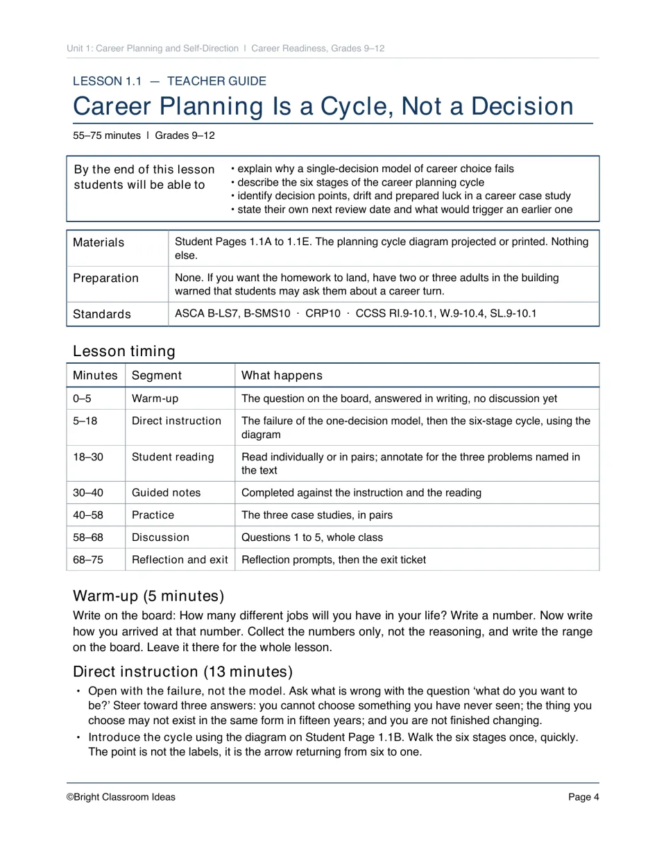Lesson 1.1 teacher guide introduces the career planning cycle with objectives, timing, and a warm-up