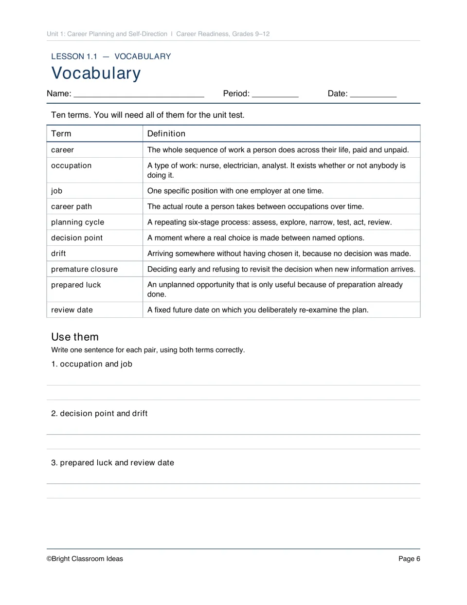 Lesson 1.1 vocabulary defines ten career planning terms and asks students to write sentences using pairs
