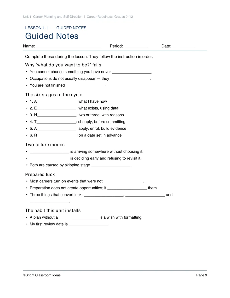 Lesson 1.1 guided notes ask students to complete planning stages, failure modes, and their review date
