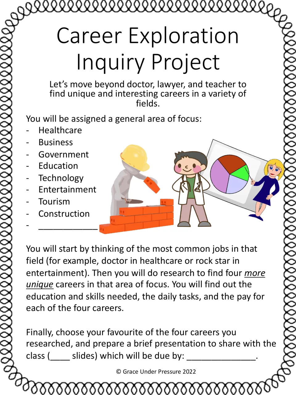 Career inquiry task sheet: students get a field such as healthcare or tourism, research four unique jobs and present one
