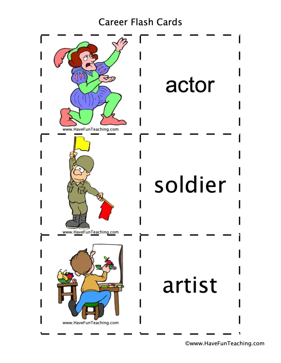 Career vocabulary cards: students match cartoon pictures of an actor, a soldier and an artist to the printed words