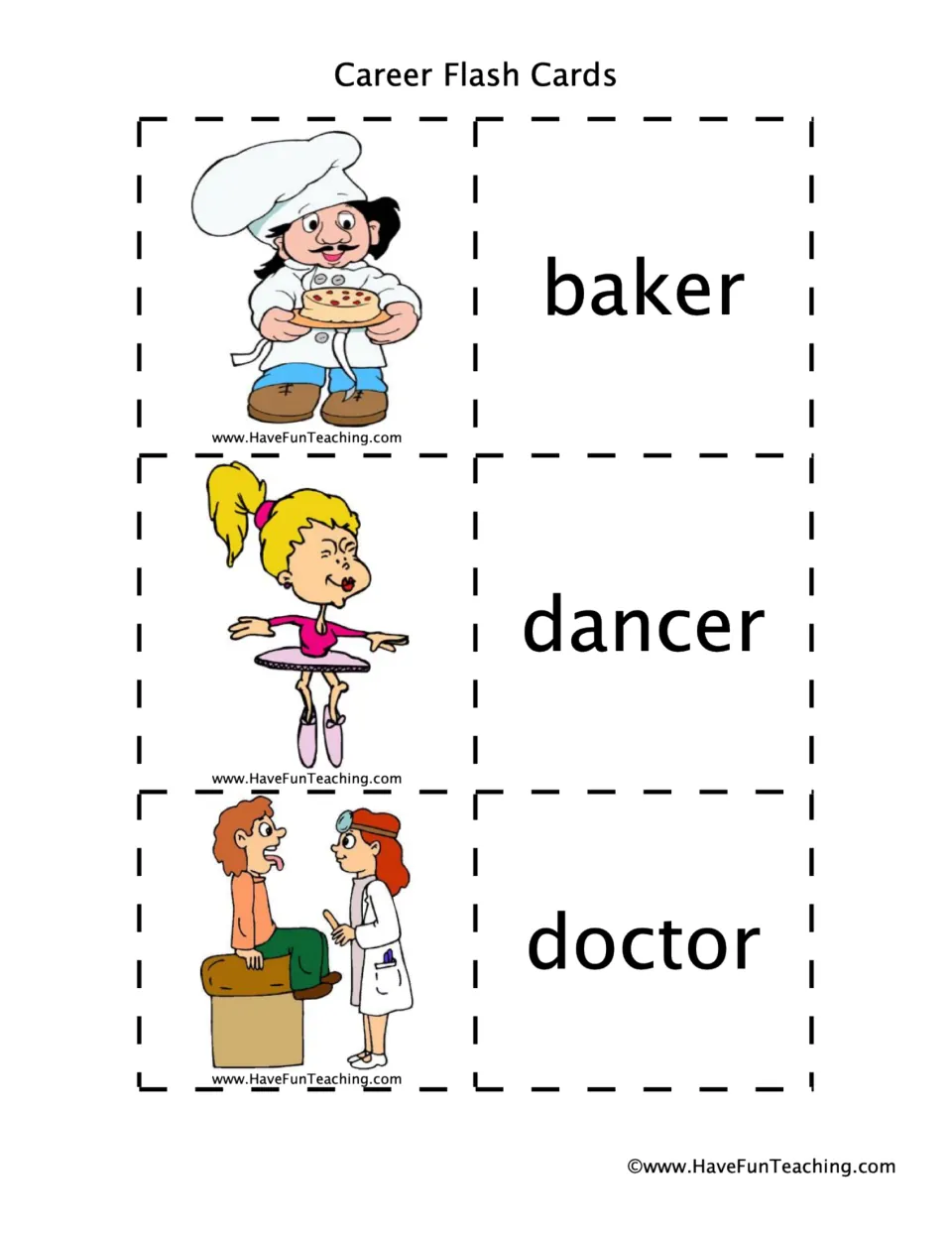 Career vocabulary cards: students read the words baker, dancer and doctor beside a cartoon picture of each worker