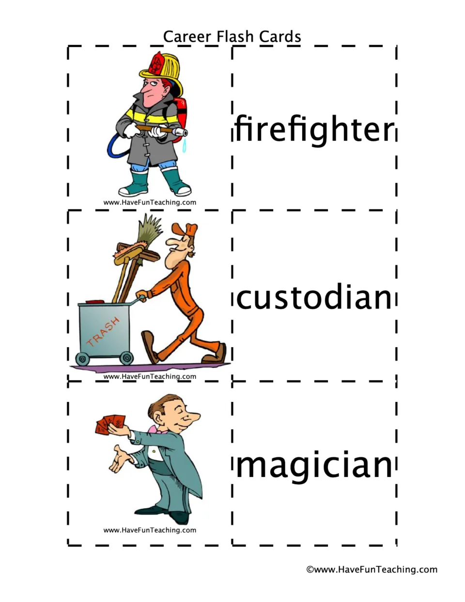 Career vocabulary cards: students read firefighter, custodian and magician, using each cartoon picture as a clue