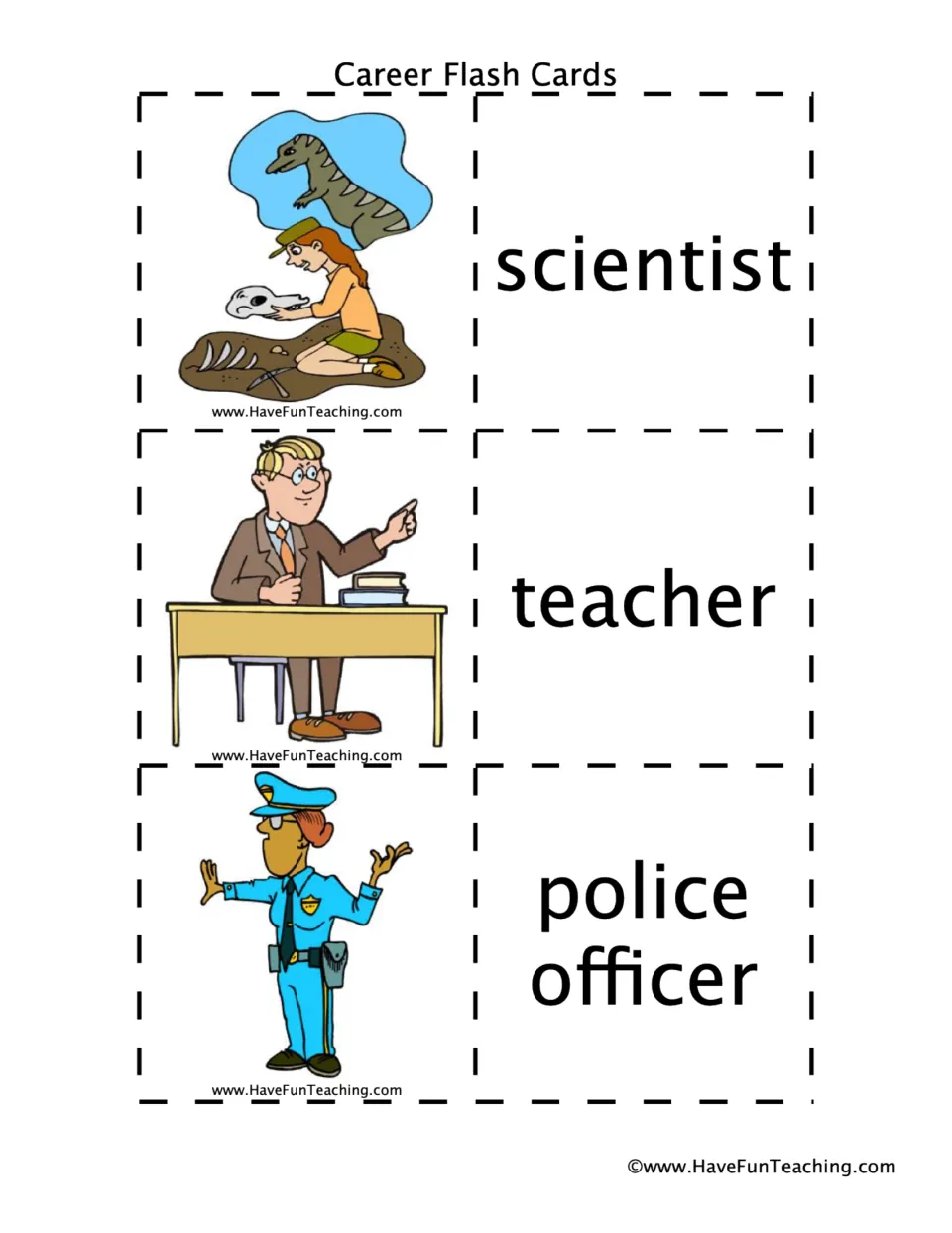 Career vocabulary cards: students name a scientist, a teacher and a police officer from the picture and printed word