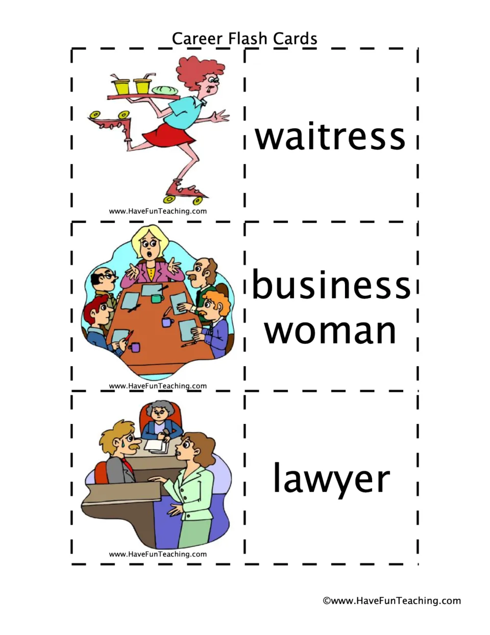 Career vocabulary cards: students connect the words waitress, business woman and lawyer to the cartoon workplace scenes