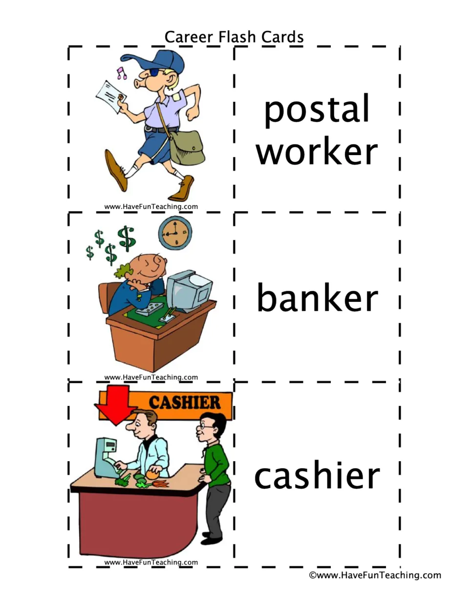 Career vocabulary cards: students read postal worker, banker and cashier and match each word to its cartoon scene