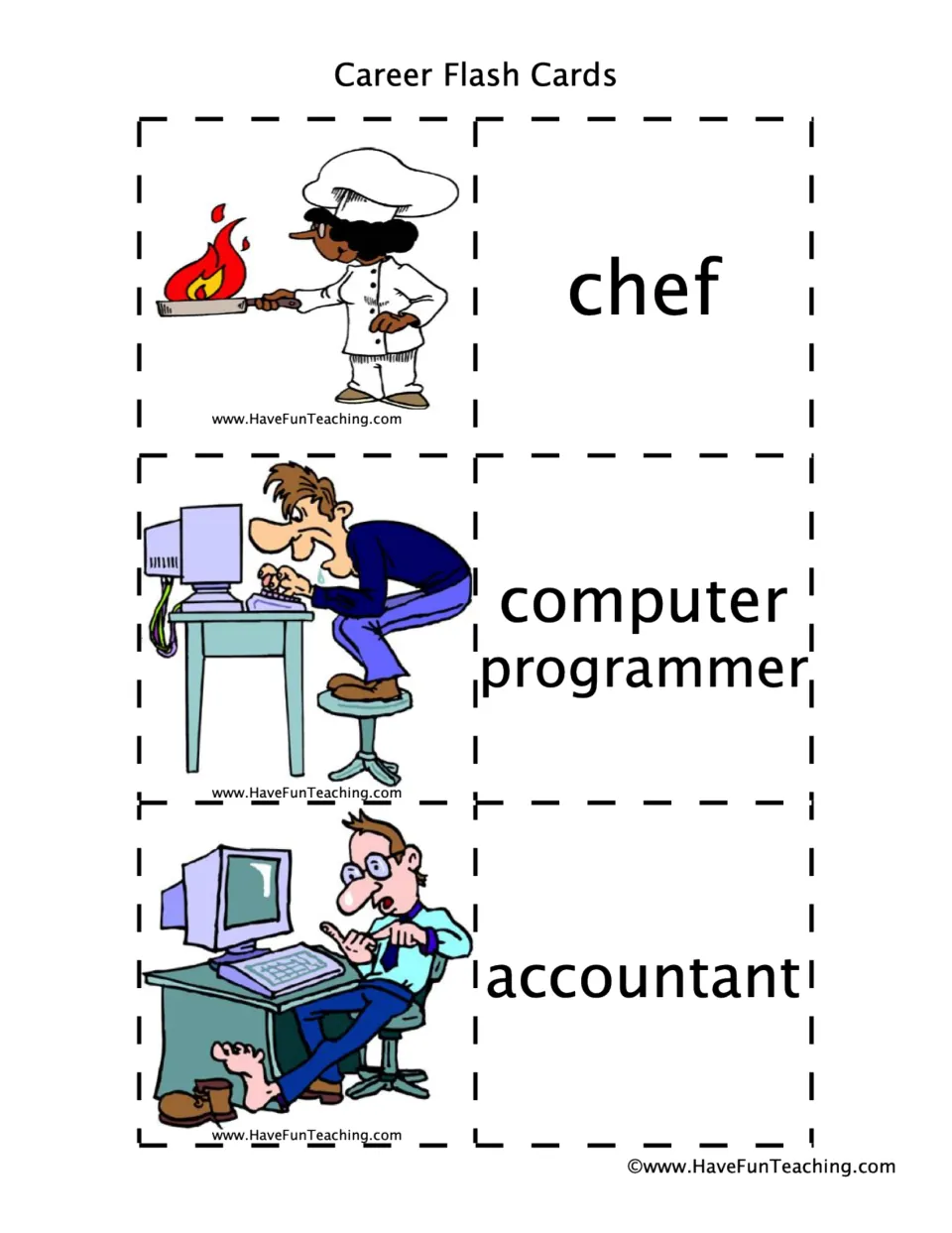 Career vocabulary cards: students read chef, computer programmer and accountant with a cartoon picture for each job