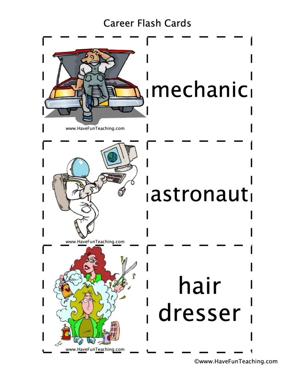 Career vocabulary cards: students read mechanic, astronaut and hair dresser, checking each word against its cartoon