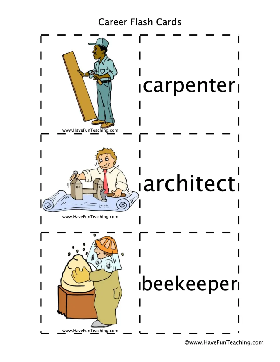 Career vocabulary cards: students read carpenter, architect and beekeeper and link each word to its cartoon picture
