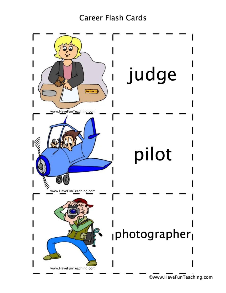 Career vocabulary cards: students read judge, pilot and photographer, matching each word to the cartoon worker shown