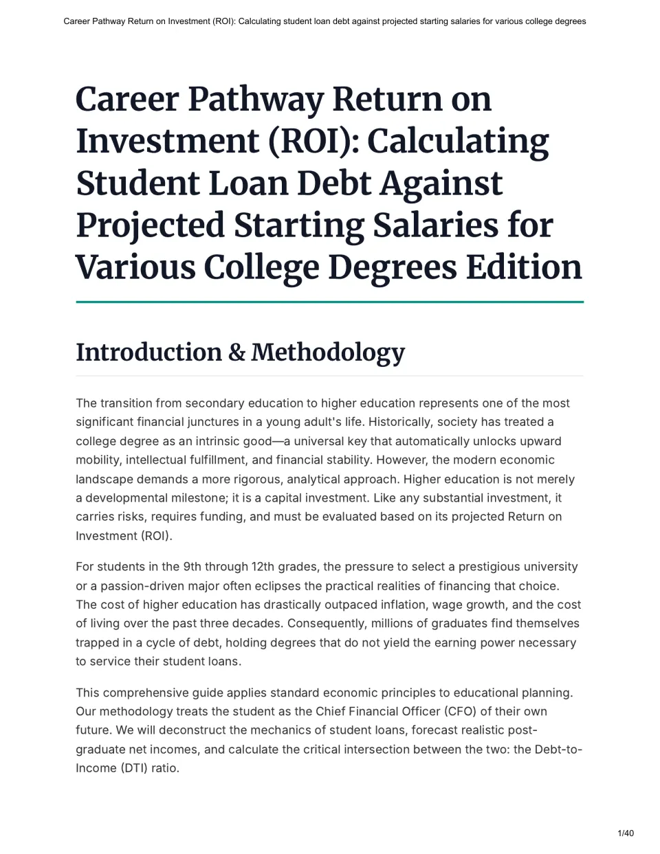 Introduction to the guide explains college as an investment and compares student debt with future income.