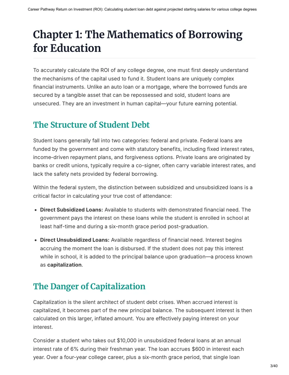 Chapter 1 introduces federal and private student loans, subsidized and unsubsidized loans, and capitalization.