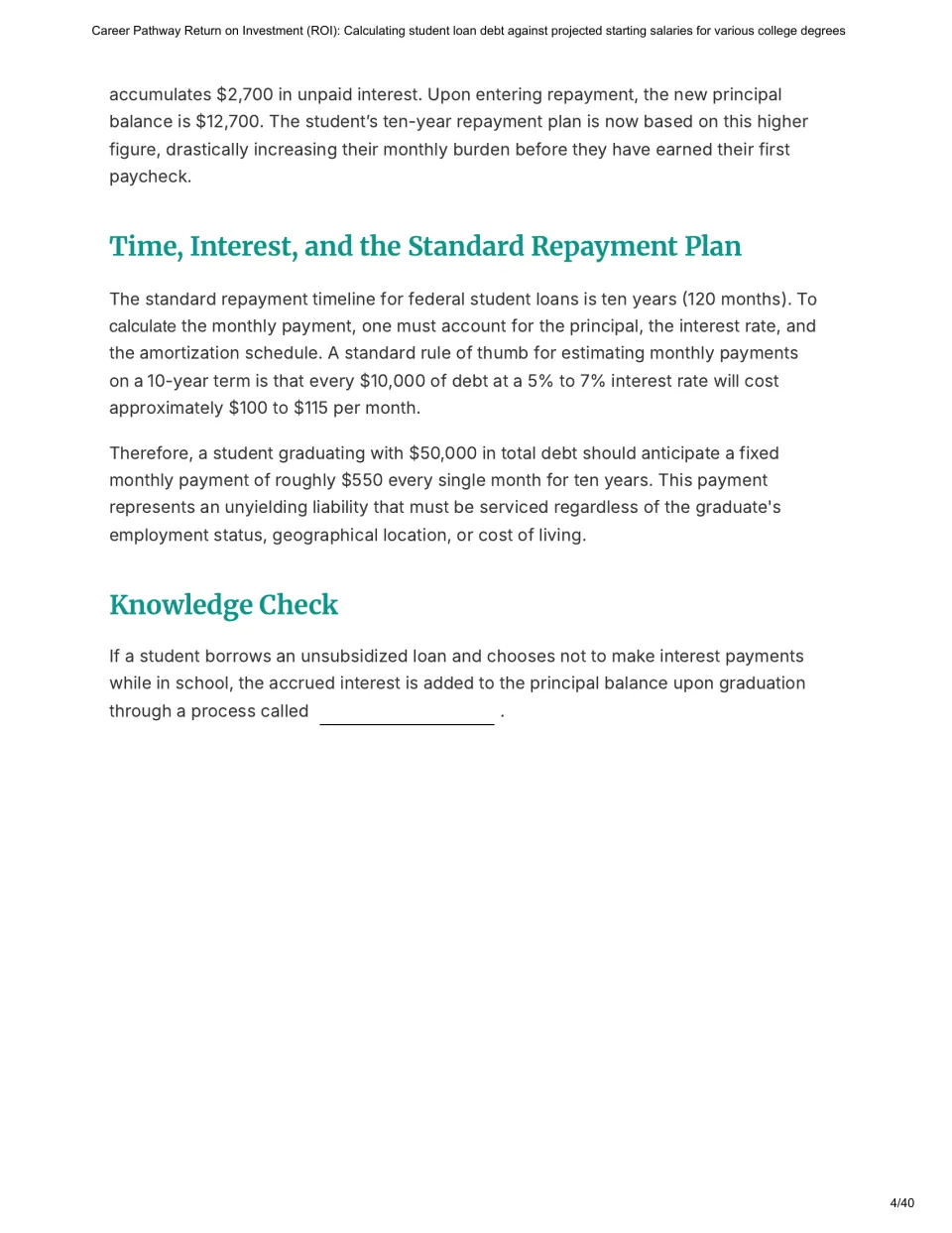 Chapter 1 continues a capitalization example, explains ten-year repayment, and checks loan vocabulary.