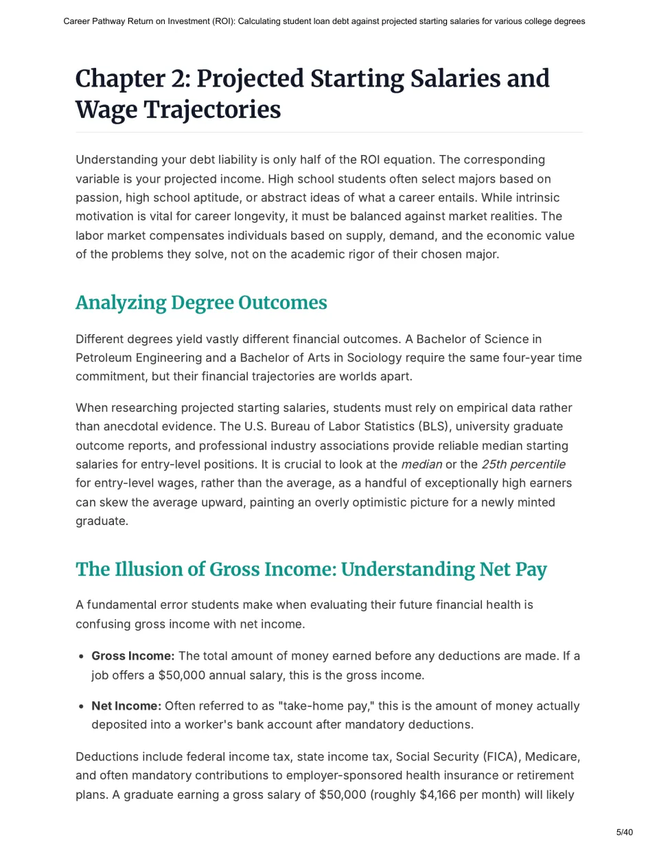 Chapter 2 introduces starting salaries, researching degree outcomes, and gross income versus take-home pay.