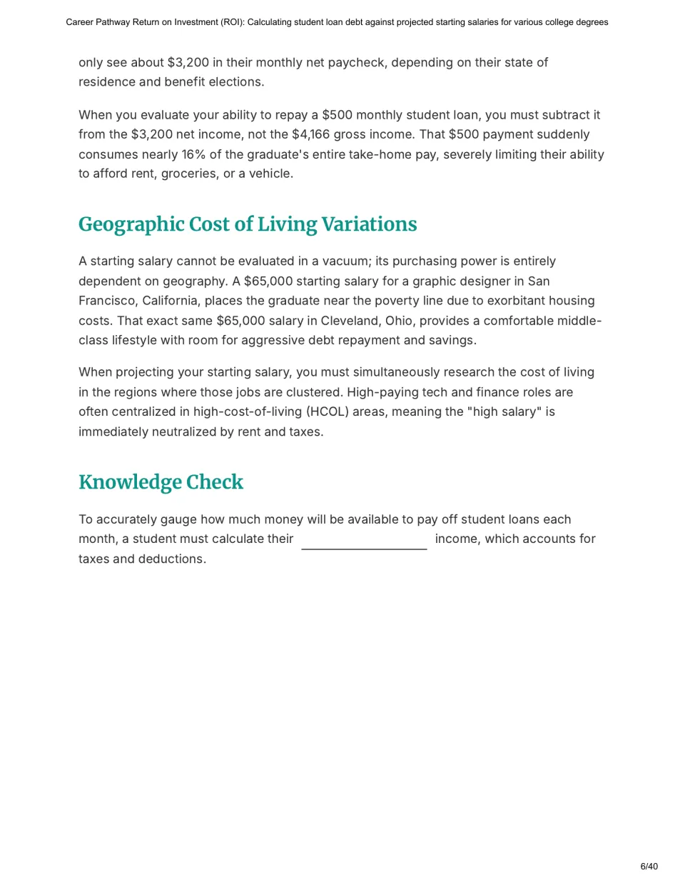 Chapter 2 compares loan payments with net pay, examines geographic living costs, and checks income vocabulary.