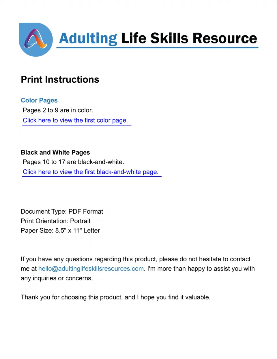 Print instructions: color pages 2 to 9, black-and-white pages 10 to 17, letter-size portrait, and a contact email