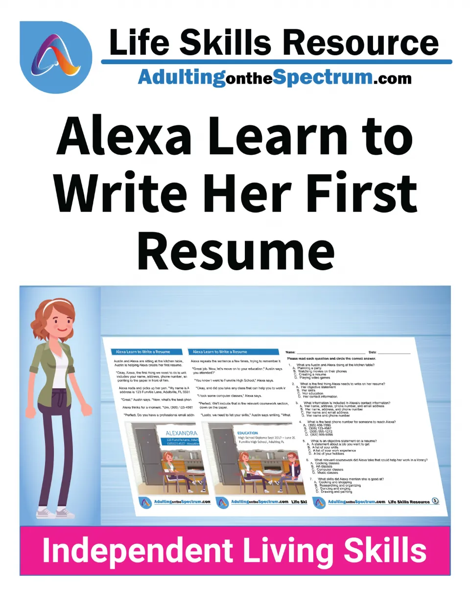 Cover: Alexa Learn to Write Her First Resume, an Independent Living Skills story shown with story and quiz page previews