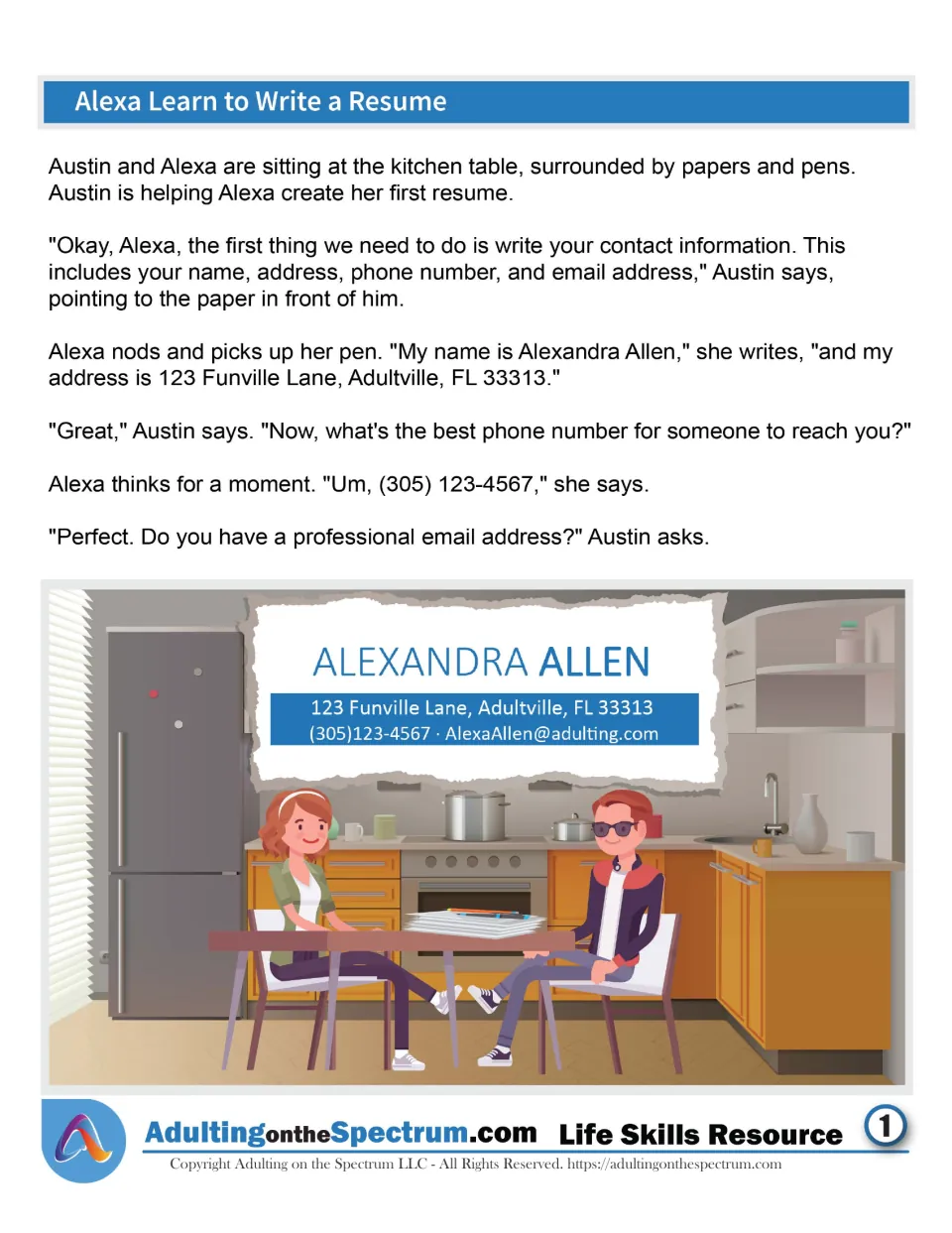 Resume story, part 1: Austin helps Alexa write her contact details: name, address, phone number and email