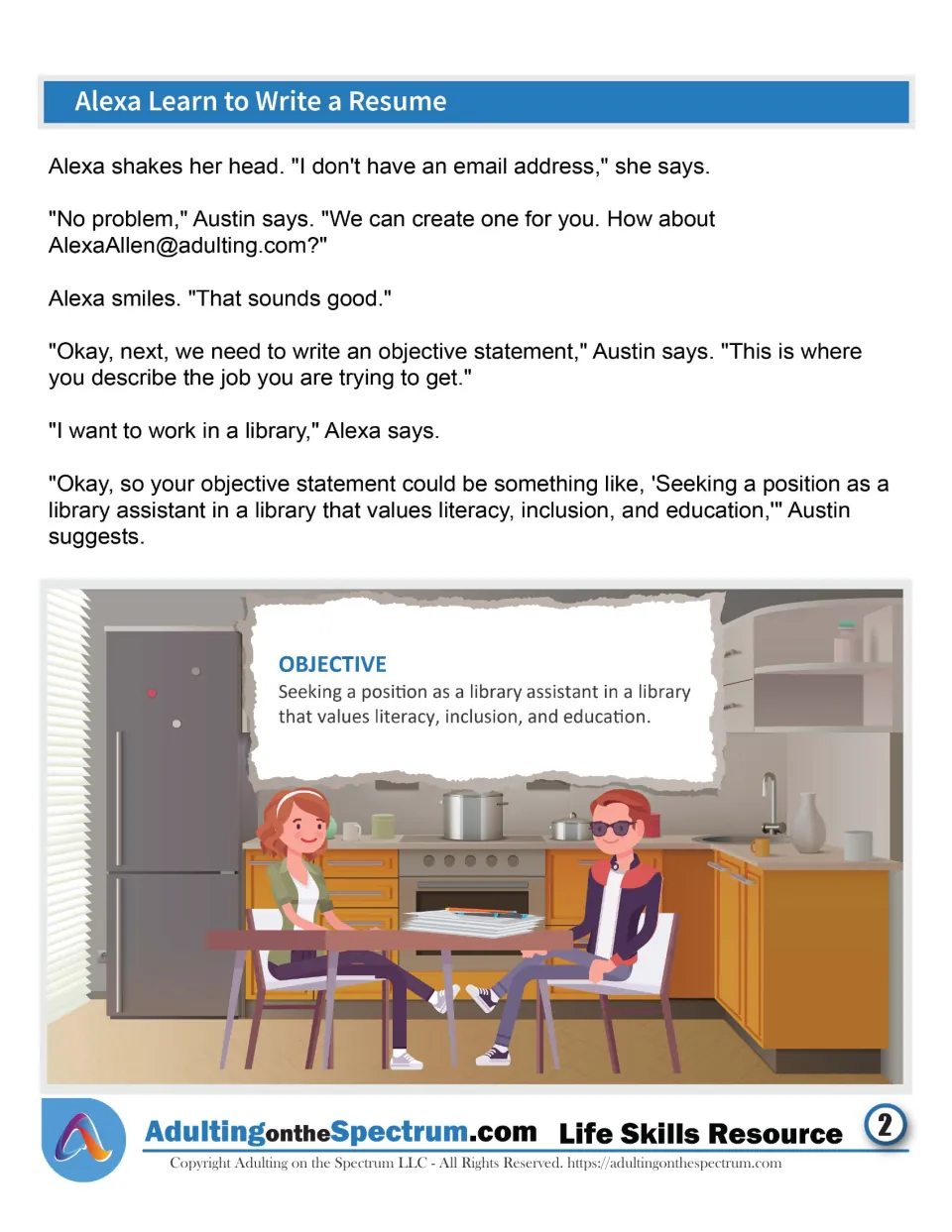 Resume story, part 2: Alexa gets a professional email and an objective statement for a library assistant job