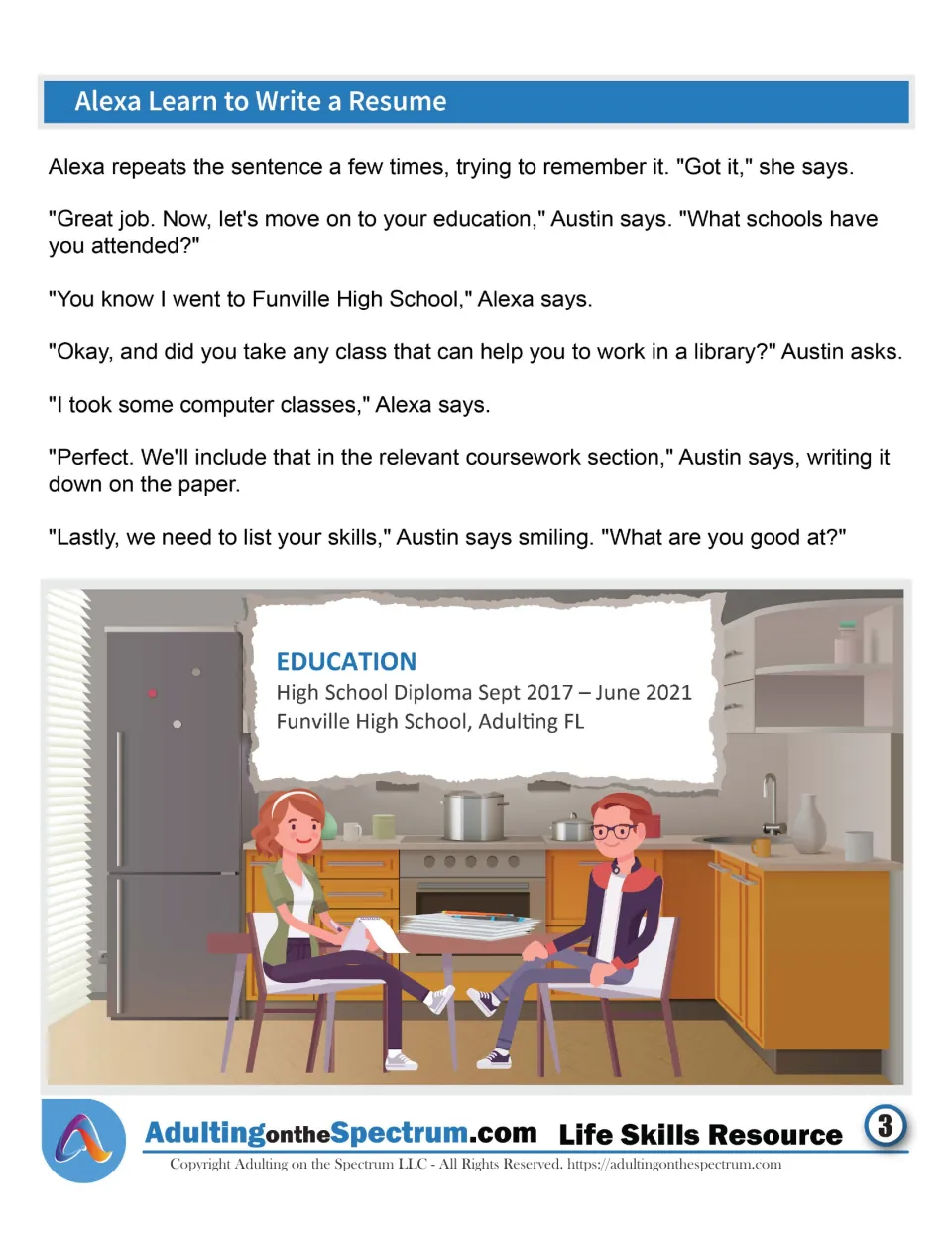 Resume story, part 3: Alexa lists her Funville High School diploma and the computer classes she took