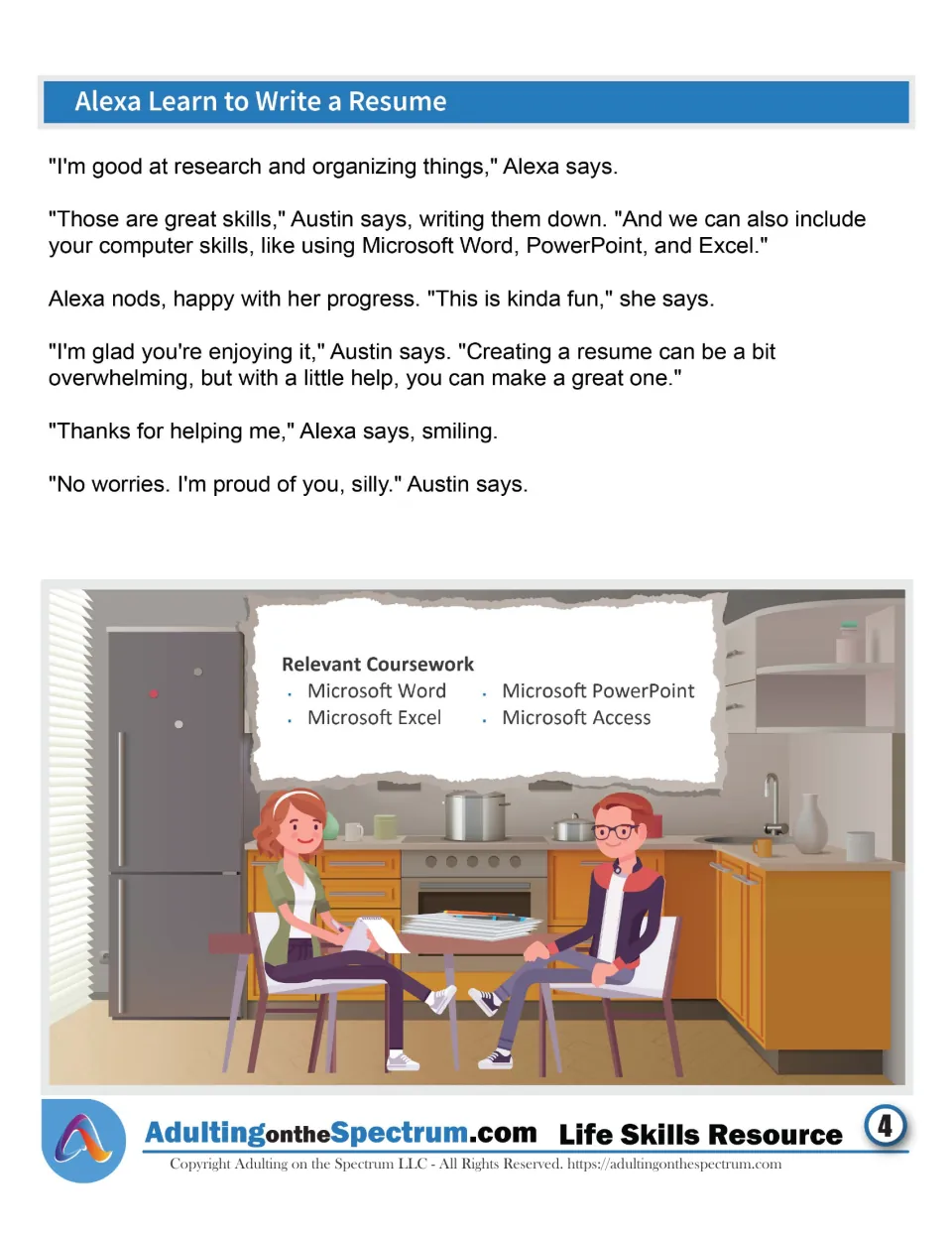 Resume story, part 4: Alexa names research and organizing skills; coursework lists Word, Excel, PowerPoint, Access