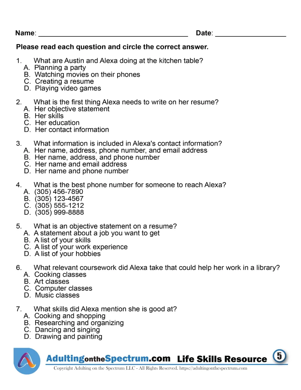 Resume story comprehension quiz: students circle the correct answer to 7 multiple-choice questions on the story