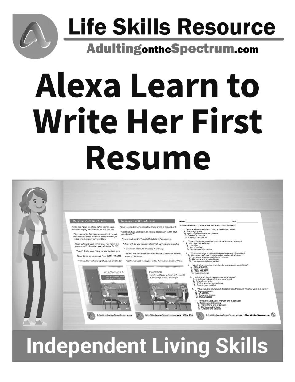 Black-and-white cover: Alexa Learn to Write Her First Resume title page with story and quiz page previews