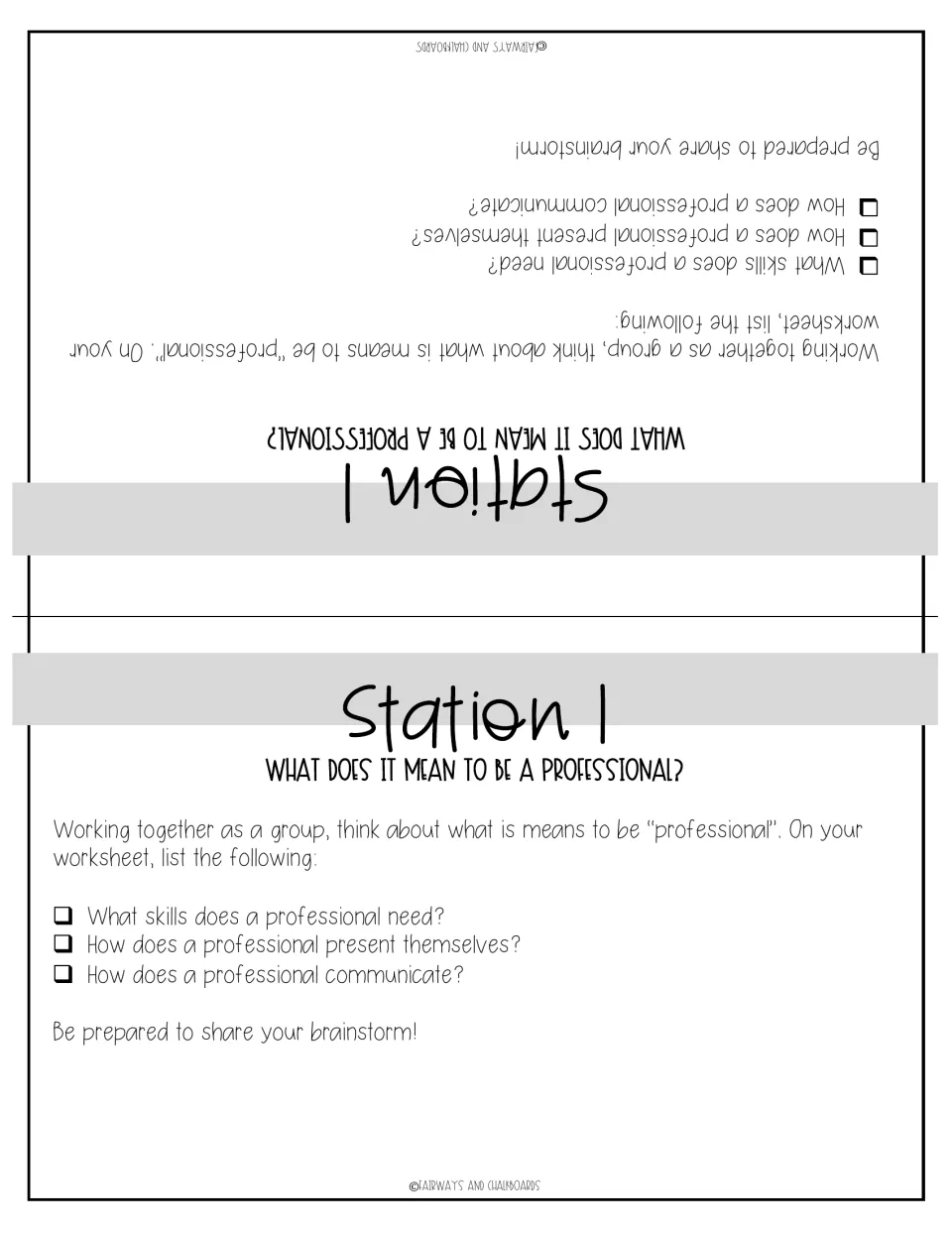 Station 1 fold-over sign: groups list the skills, self-presentation and communication a professional needs