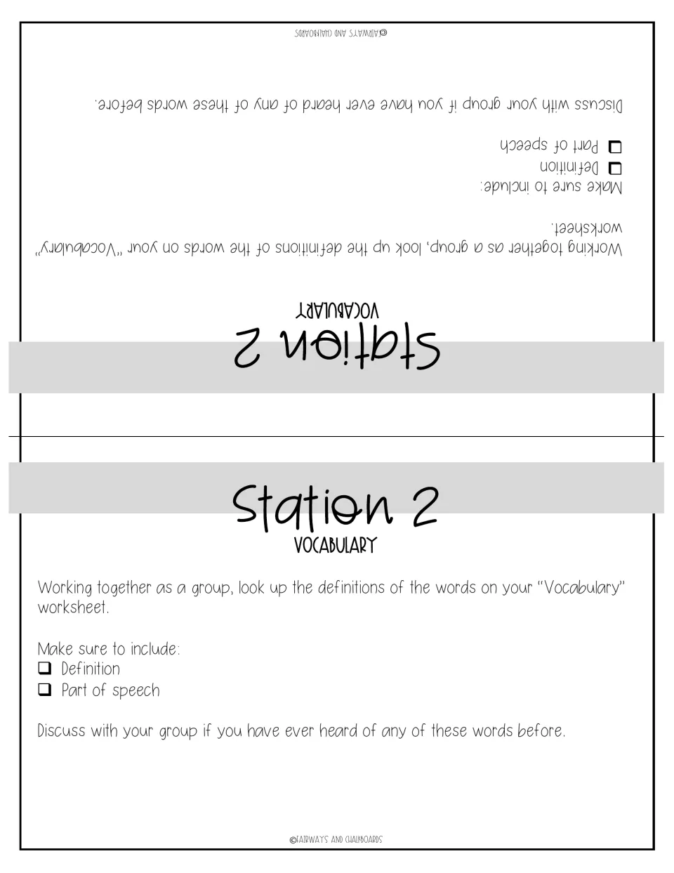 Station 2 vocabulary sign: groups look up each word's definition and part of speech and discuss familiar terms
