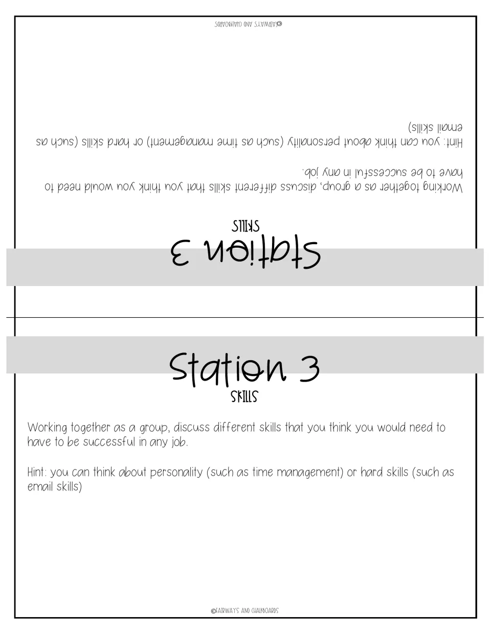 Station 3 skills sign: groups discuss skills needed in any job, with a hint on personality traits and hard skills