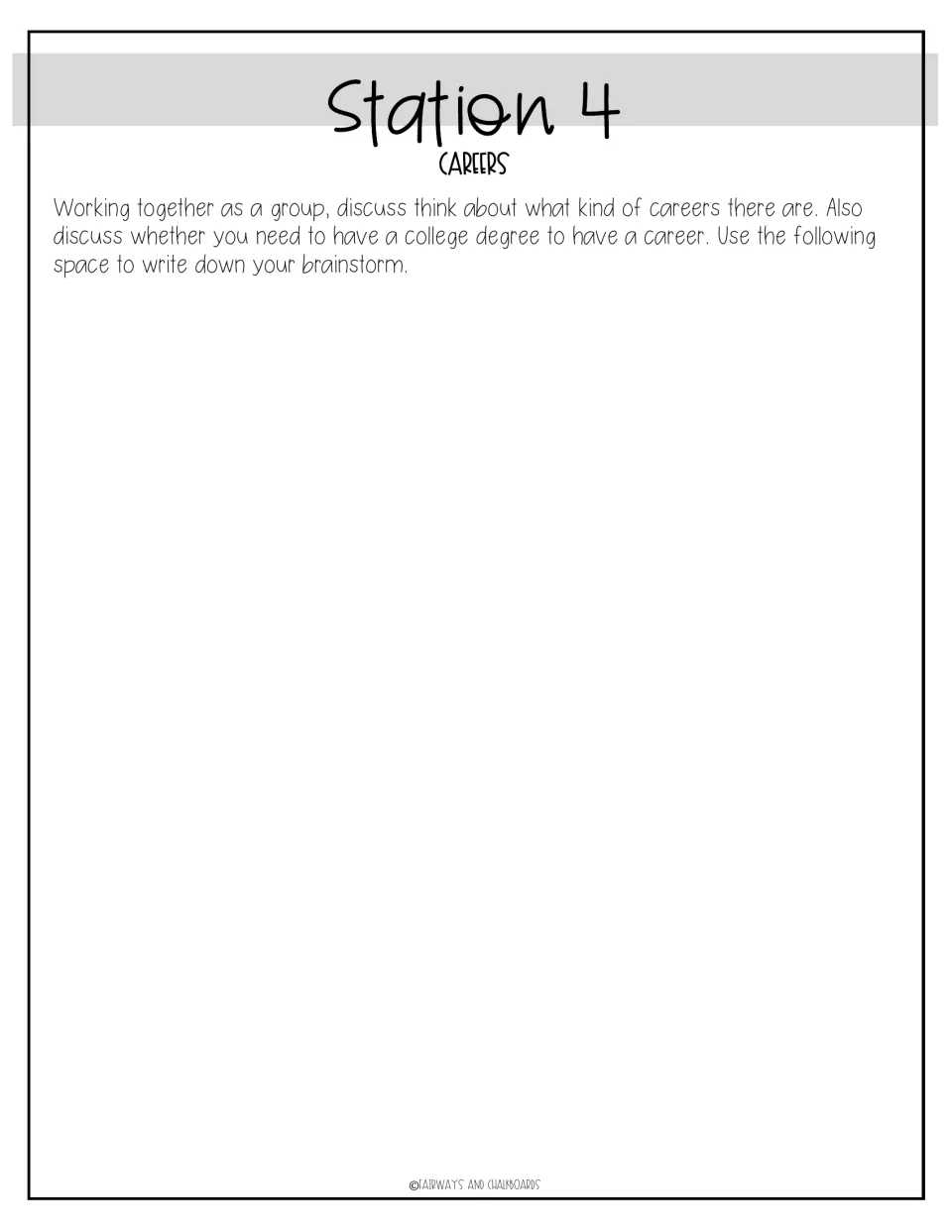 Station 4 response sheet: groups brainstorm kinds of careers and whether a college degree is needed, writing notes below