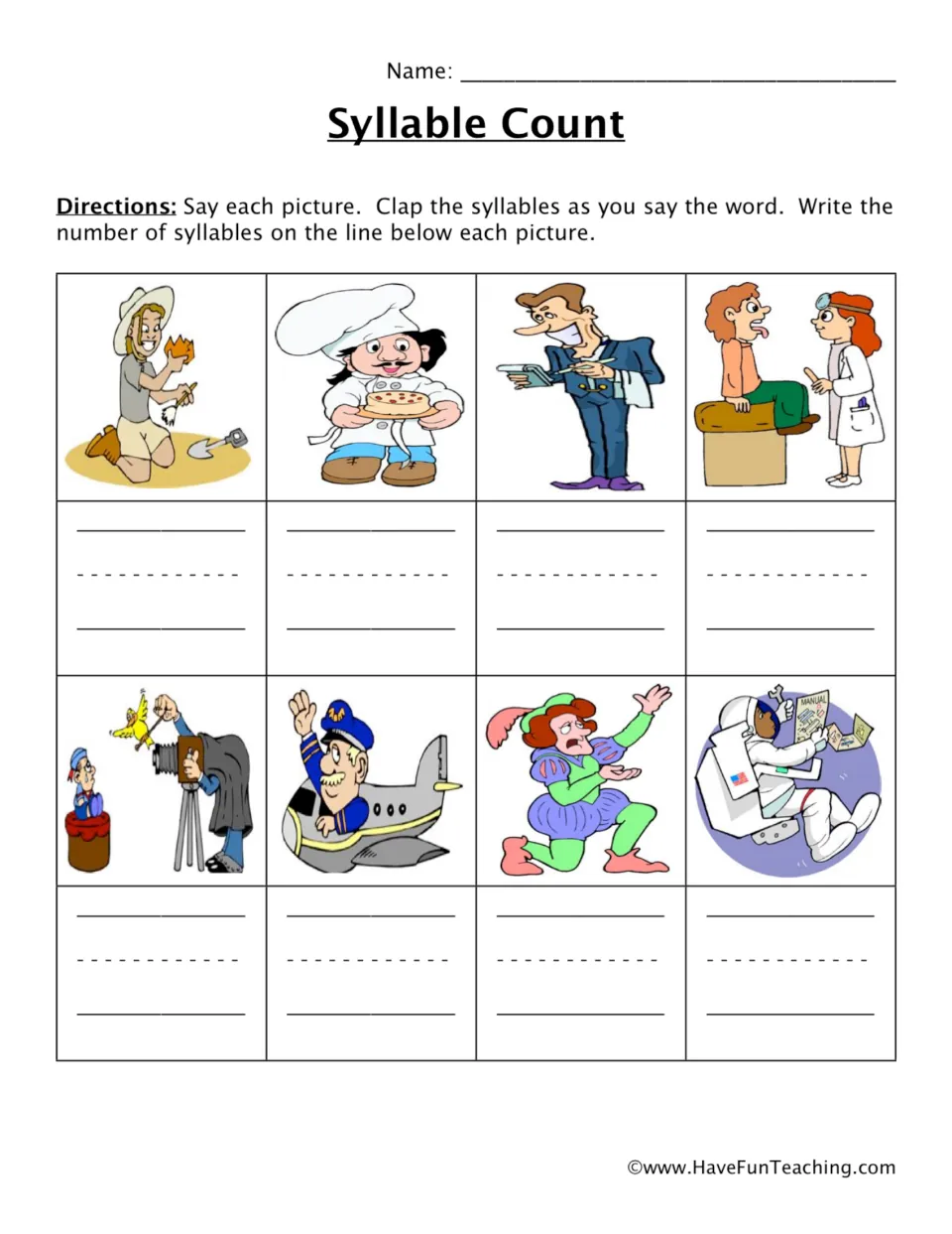 Career-word syllable practice: say and clap eight pictured jobs, including baker, waiter, doctor and pilot.