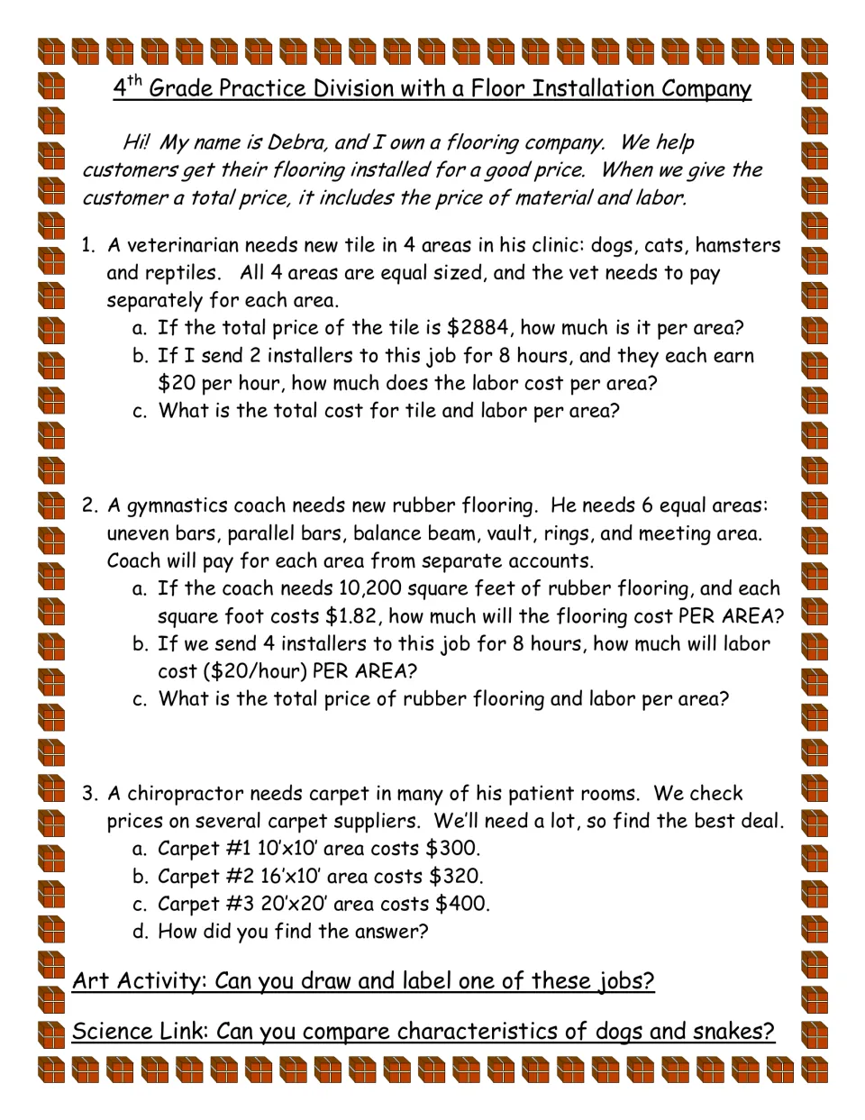 Flooring company division word problems: students split tile and labor costs per area and find the best carpet price