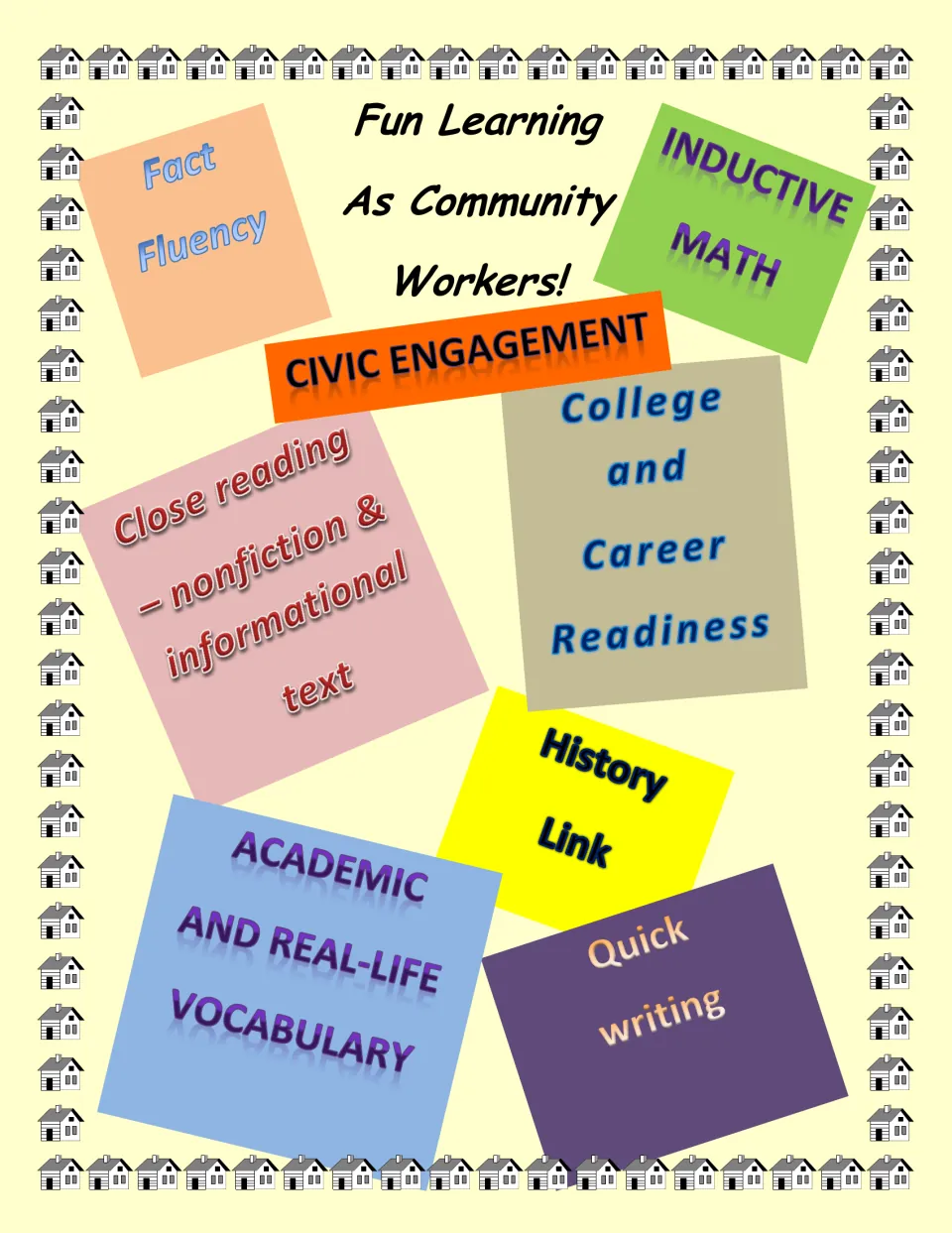 Community workers unit cover highlighting fact fluency, inductive math, civic engagement, and quick writing