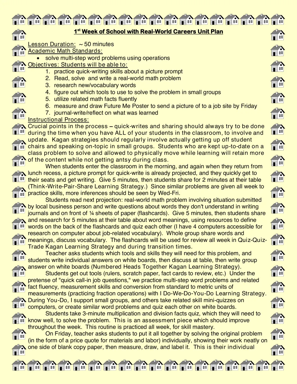First-week unit plan outlining a 50-minute lesson, seven objectives, quick-writes, and career math problems